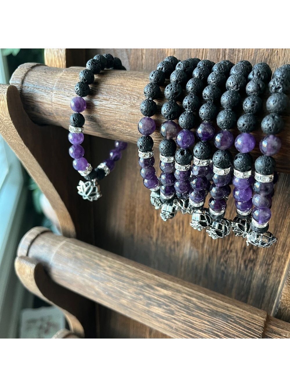 Amethyst and lava stone lotus bracelet (one)